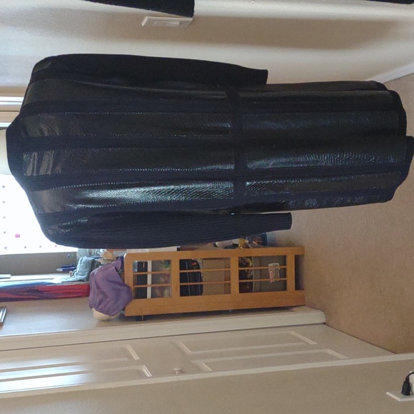 Vintage long black zippered cardigan/ coat w/ faux leather/ribbed sleeves Large - Picture 5 of 8